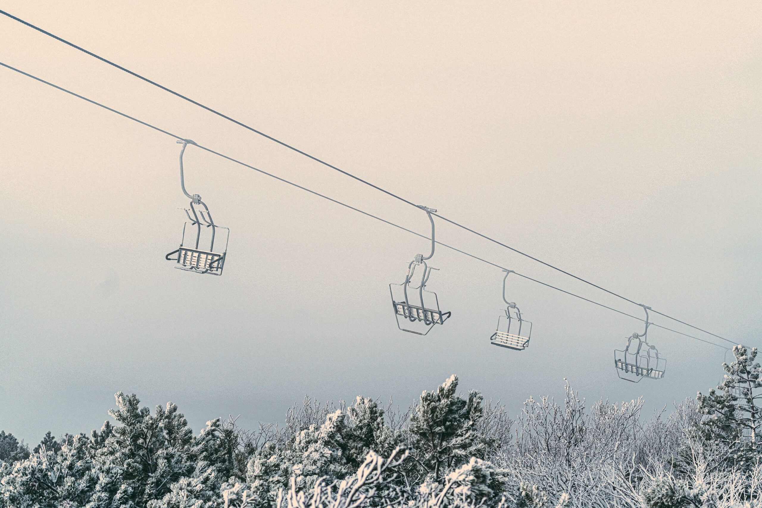 leere Sessellift-Seilbahn über einem leicht verschneiten Wald aus Berg-Kiefern im diffusem Nebellicht